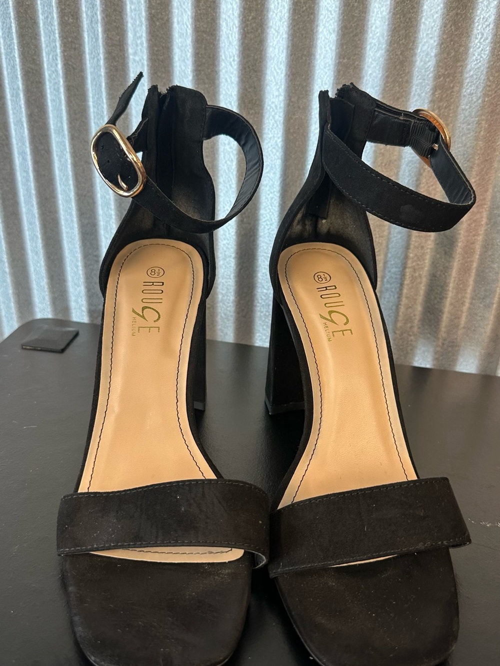Rouge Helium Black Ankle Strap Block Heels with Gold Buckle